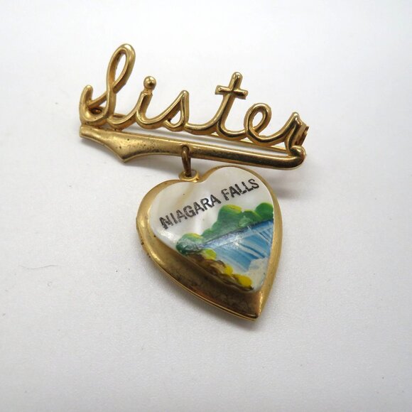 Vintage Sister Brooch Gold Tone Niagara Falls Hanging Heart Locket Pin - Picture 3 of 8